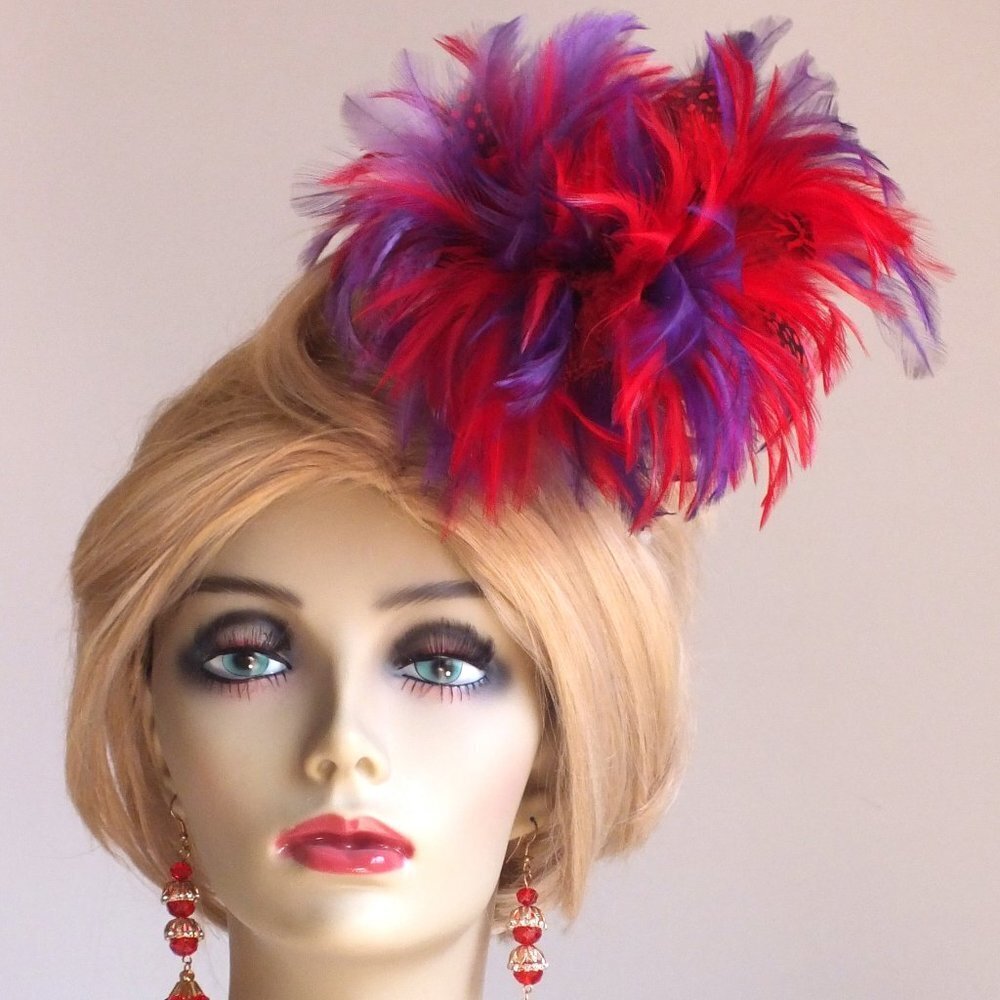 Pride Parade Flamboyant Fascinator  Hair Claw Clip with Purple and Red Feathers